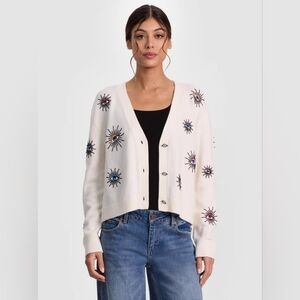 Alice + Olivia White Cardigan with Multicolor Embroidery BRADLEY SHORT EMBELLISH